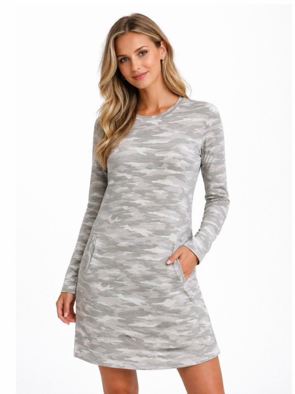 Athleta Gray Camo Long Sleeve Shift Dress